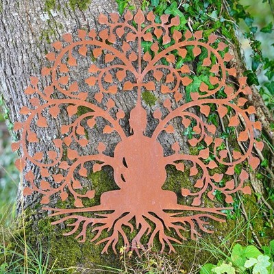 60cm Bodhi Lebensbaum Metall Wandrelief hängend Zen Buddha Mönch Outdoor Statue