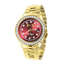 Men's Yellow Gold Finish Red Dial Solid Steel Solitaire Simulated Diamond Watch