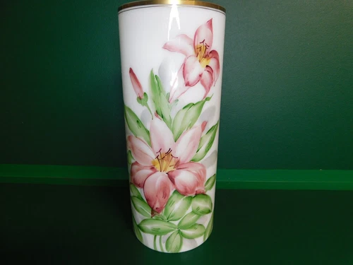 Vintage Milk Glass Cylinder Vase Hand-painted Lilies