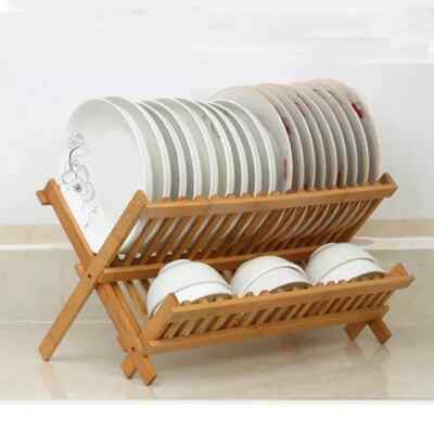 2Tier Foldable Dish Drying Rack Natural Plate Rack Drainer
