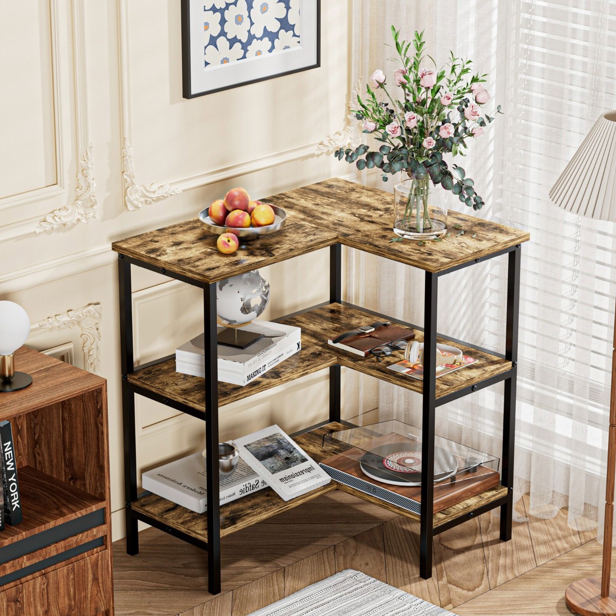 Industrial Corner Bookshelf Open Storage Shelf Small Space Display
