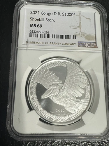 2022 Congo 1000 Francs Shoebill Stork (MS69) 1 oz 999 Silver Coin - NGC MS69