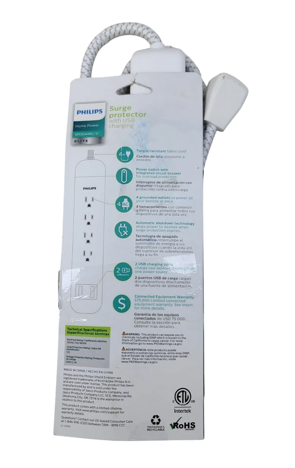 PHILLIPS Surge Protector 4 Outlet 2 USB Power Strip 4ft - Image 2 of 2