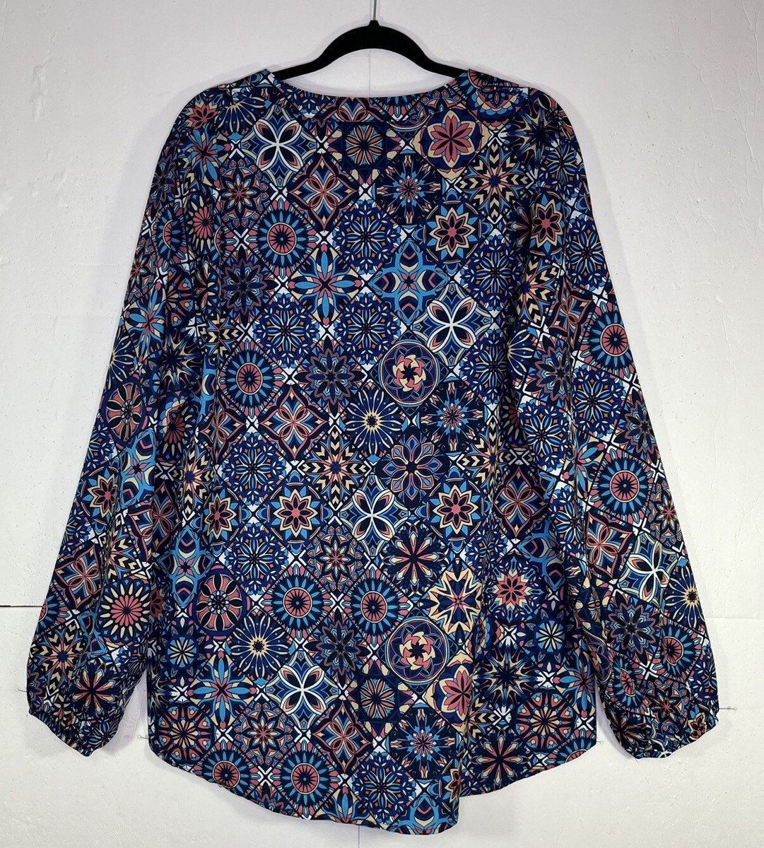 NWT Tunic Top Hi-Low Hem Long Balloon Sleeve Notch V-neck Colorful