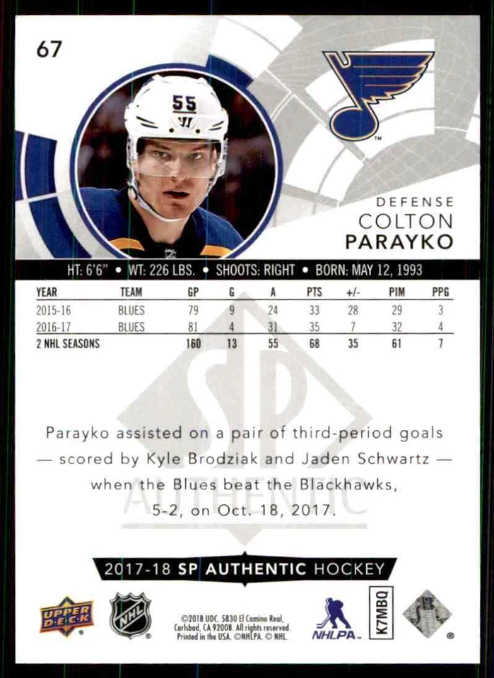 2017-18 Upper Deck SP Authentic Colton Parayko #67 - Image 2 of 2
