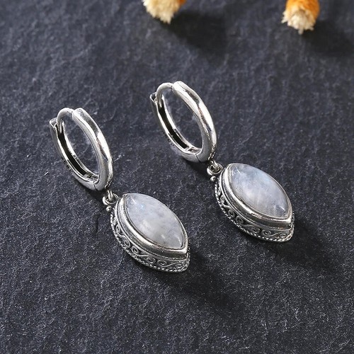 925 Sterling Silver Moonstone Gemstone Leverback Huggie Dangle Earrings - Picture 2 of 7