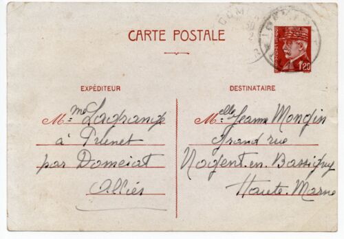 Entier postal 1943 - 1F20 - de Domérat (Allier) à Nogent (Haute-Marne) - Photo 1/1
