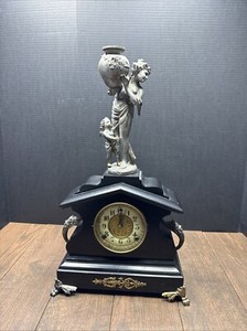 Antique 1800s Mantle Clock With A Lady Holding Flower Basket With Child