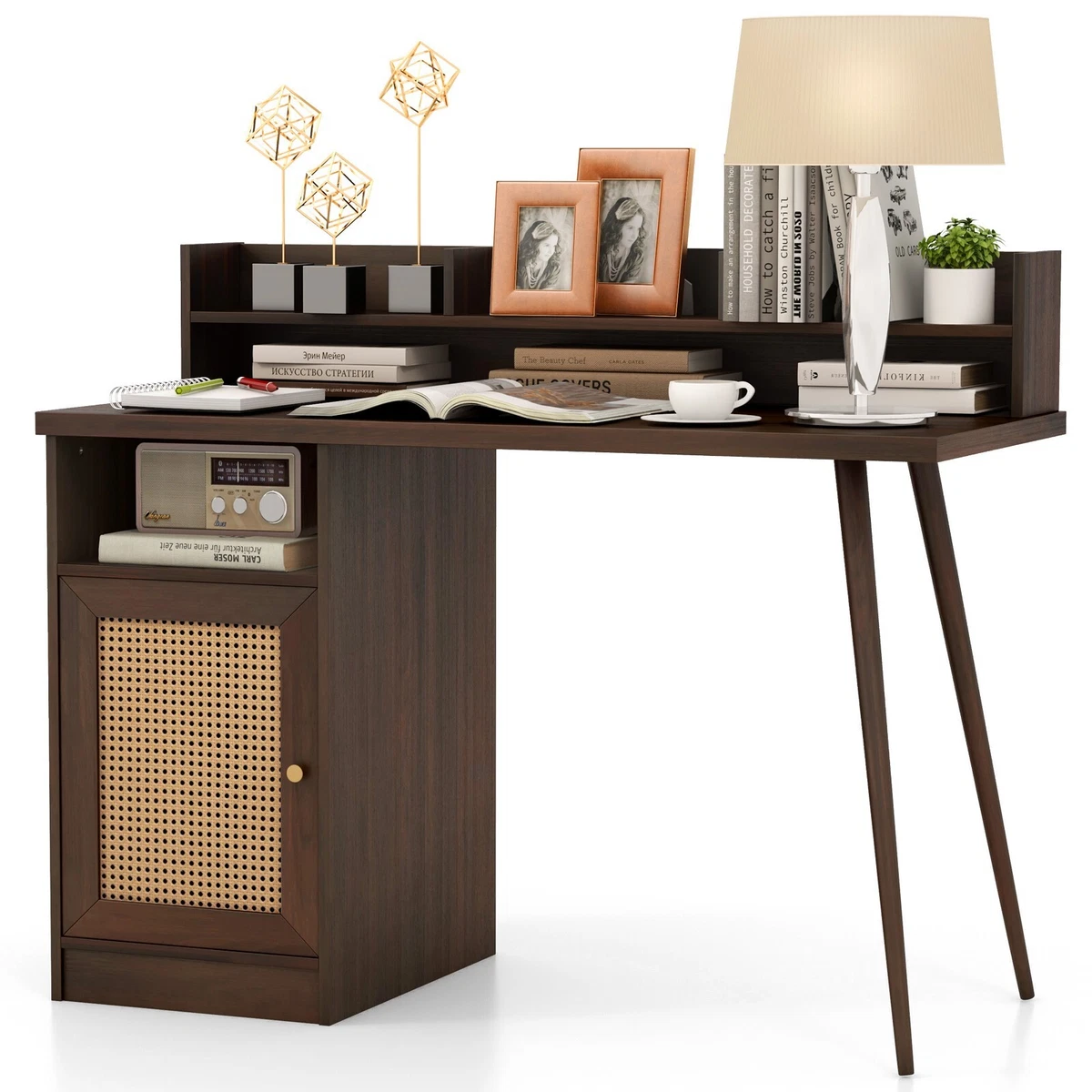 Wooden Computer Desk 120cm Writing Study Desk Workstation w Hutch Rattan Cabinet