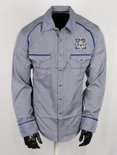 Mens Plaid Check Blue Casual Sport Shirt With Crest Patch Slim Fit Button-Up