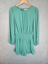 Splendid X Cella Jane Romper Womens Sz XS Smocked Willow Green Self Tie Back