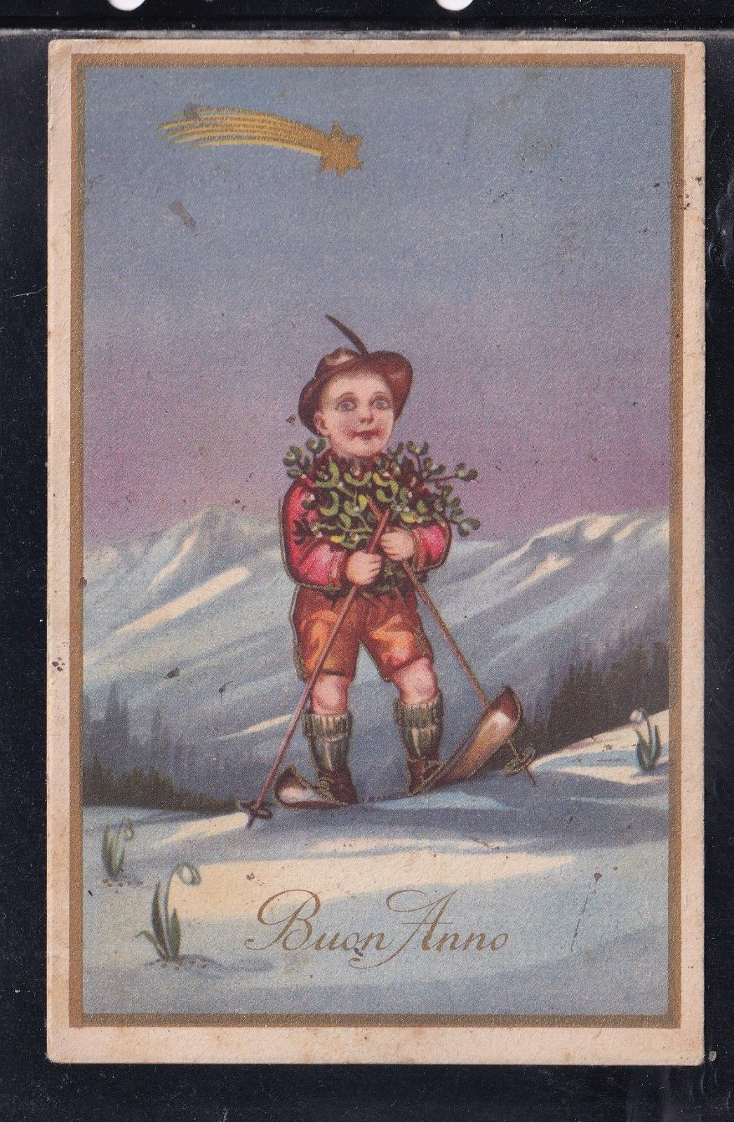 Cartolina Buon Anno Bambino Sciatore Paesaggio ZA491