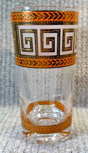 WOW! Vintage Signed Culver Orange Greek Key Hi-ball/Water Glasses Set of 2 MCM