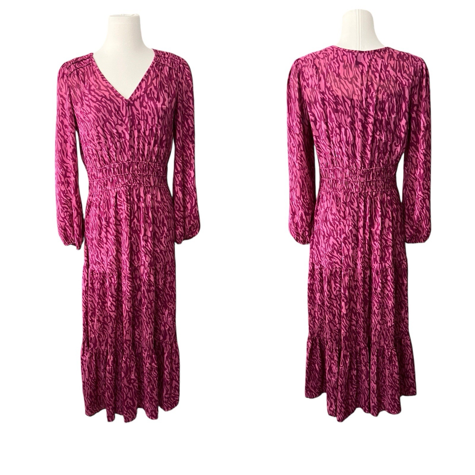 Simply Vera Wang Maxi Dress Small Pink Animal Print Boho Festival Party Tiered