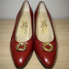 Salvatore Ferragamo Vintage Red Leather with Gold Tone Gancini Buckle Pumps