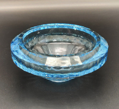 Turquoise Blue Diamond Shape Glass Bowl with Cut Facets. Flat Bottom. Used.