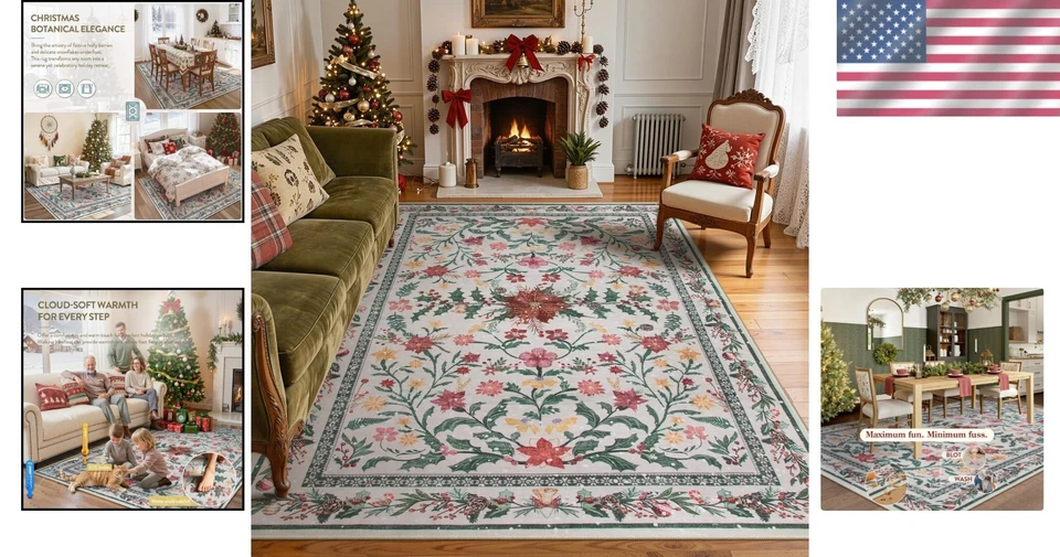 Cozy Floral 8' x 10' Holiday Rug - Soft, Washable, Perfect for Living Room - Image 2 of 4