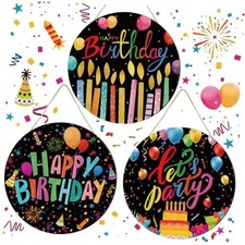 3 Pcs 12 Inch Happy Birthday Wooden Sign Round Wooden Hanging Door Decor Black