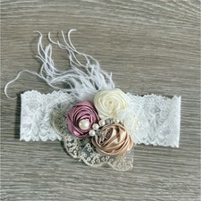 Lace baby headband with floral accents, pearls, White Ivory Pink Beige