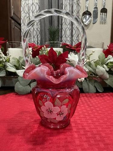 Fenton Cranberry Opalescent Open Heart Arches Basket