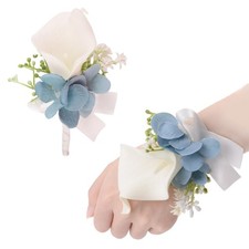 Wrist Corsage and Boutonniere Set, 1 Set Calla Lily White Blue Hand Flower fo...