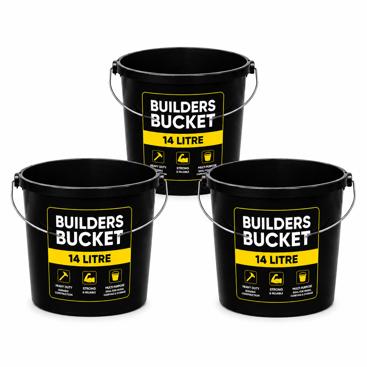 3 x Yuzet 14L Black Builders Bucket Heavy Duty Plastic Mixing Carry Bucket