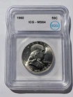 1960-P Franklin Half Dollar, 90% Silver, ICG Graded MS 64