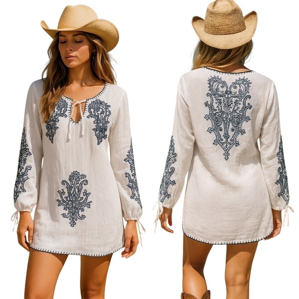 Monoreno Embroidered Linen Tunic Dress L Boho Festival Beach Coastal Cowgirl