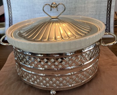 VTG Ivory stoneware Oven To Table Casserole Souffle Pan Silverplate inset & Lid