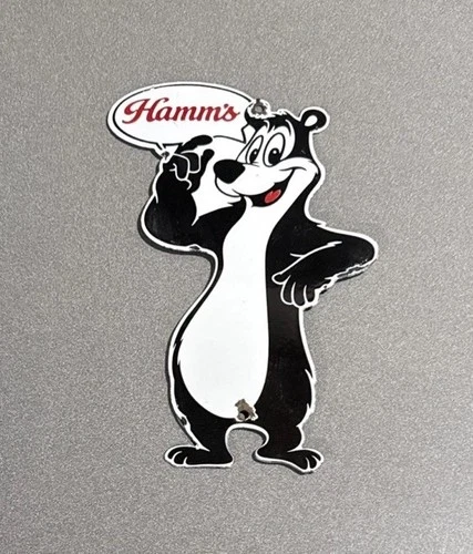 VINTAGE 12” HAMMS BEER BEAR PORCELAIN SIGN CAR GAS TRUCK MOTORCYCLE