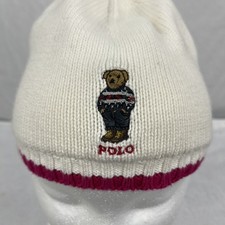 Polo Ralph Lauren Toddler 12-24M White Pink Fleece Lined Knit Polo Bear Hat 18"