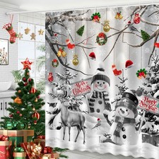 Merry Christmas Snowman Shower Curtain, Winter Xmas Tree Snow Home Holiday Ba...