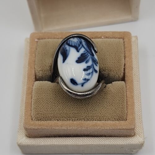 Royal Copenhagen Blue White Porcelain Floral Sterling Silver Vintage Ring Size 5 - Picture 2 of 24