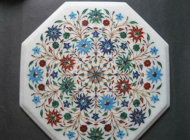 15-inch Handmade Marble Side Table with Semi-Precious Pietra Dura Inlay