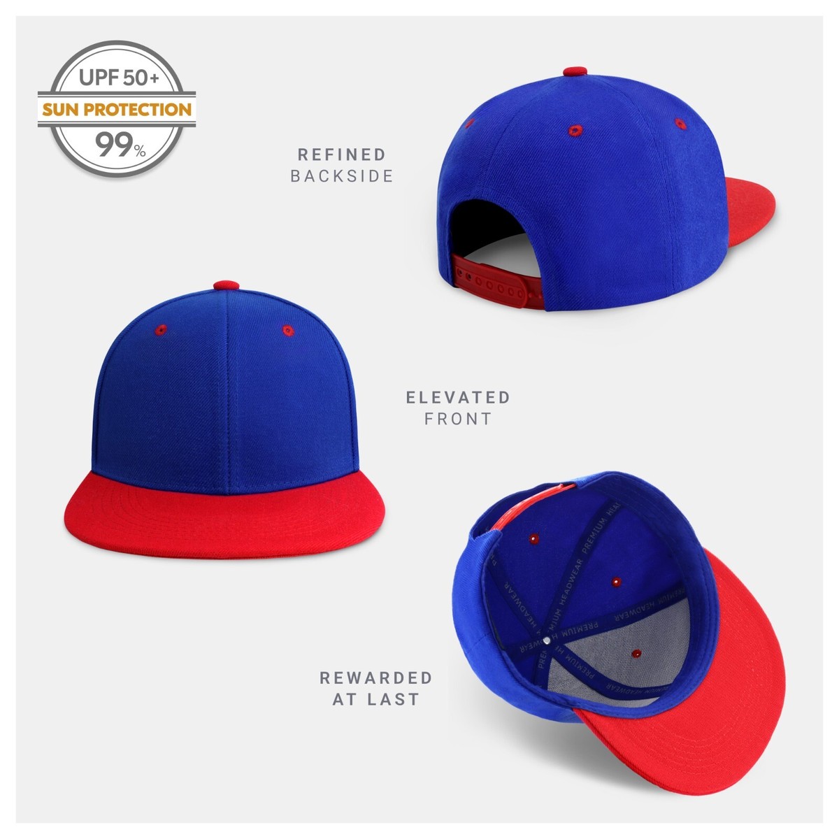 CHOK.LIDS Two-Tone Snapback Hat – Royal & Black Flat Bill Adjustable Baseball Cap, UPF 50+ Sun Protection - View #9