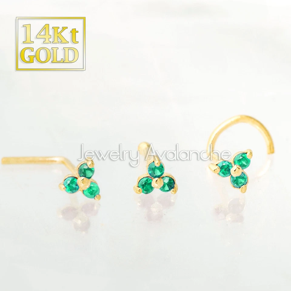 Tachuela de nariz de 3 piedras de oro macizo de 14 quilates 0,030 quilates genuina con anillo de nariz de esmeralda Foto 2 de 4