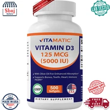 Vitamin D3 5000 IU (125 mcg) - 500 Softgels (Olive Oil Based) - 500 days supply