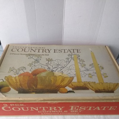 Vintage Anchor Hocking COUNTRY ESTATE 3 pc Honey Gold Console Set  