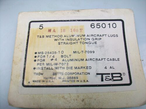 PAQUETE DE 5 LENGÜETAS TERMINALES DE AVIÓN DE ALUMINIO T & B #4 ALAMBRE 1/4" PERNO MS25435 - Imagen 2 de 3