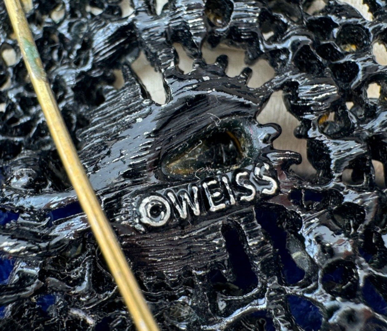 ALBERT WEISS SIGNED BLACK FRENCH JET CRYSTALS PANSY FLOWER VINTAGE LARGE BROOCH