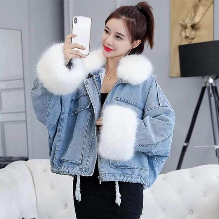 Women Loose Fit Winter Denim Coat Fur Collar With Big Pockets Short Jeans  Jacket