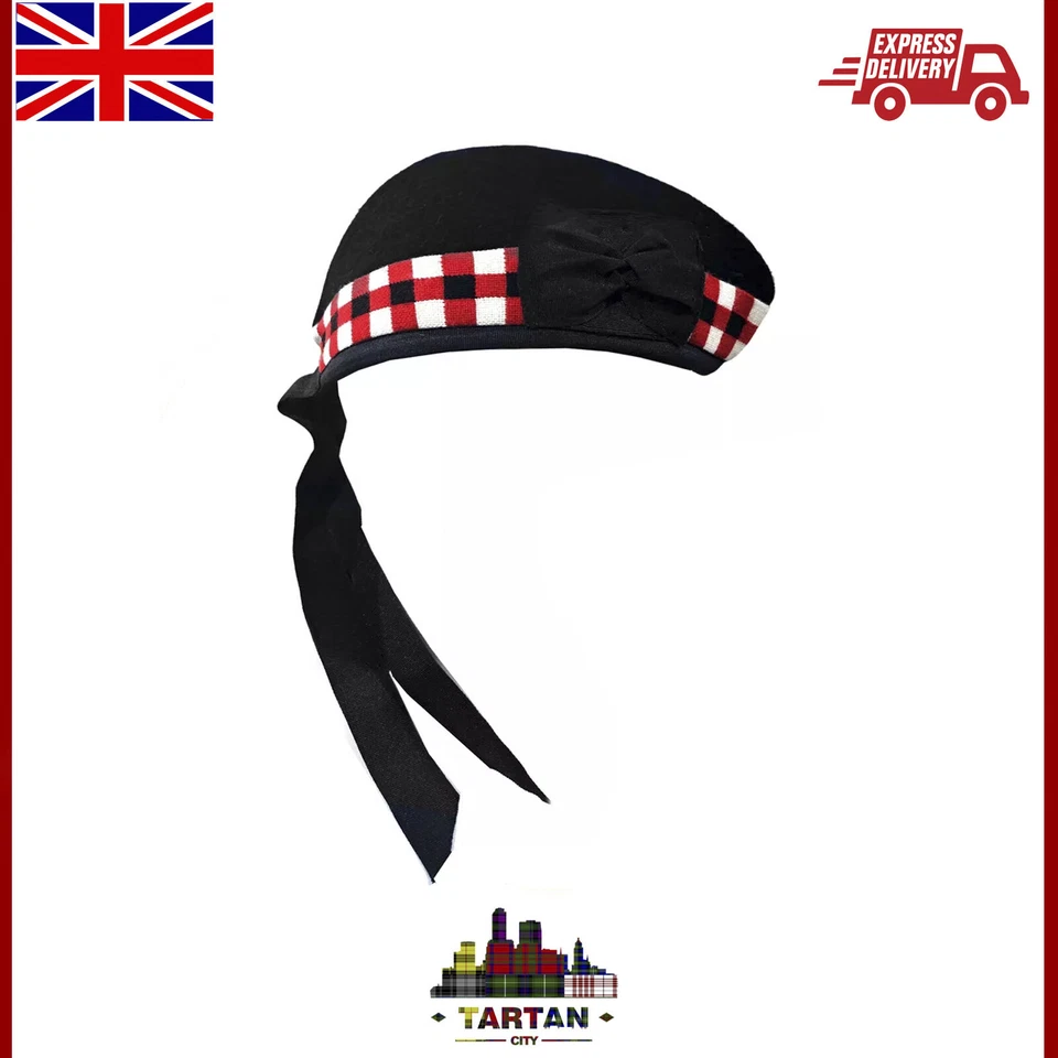 TARTANCITY Black Glengarry Hat – 100% Wool Scottish Piper Cap w/ Triple Diced Band