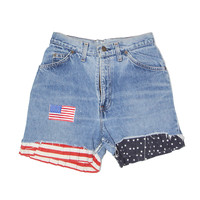 Vintage LEVI'S Stars Stripes USA Frill Denim Shorts Blue 80s Womens XXS W24