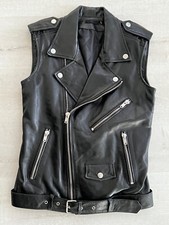 Blk Dnm Size S Black Leather Moto Motorcycle Zip Up Belted Biker Vest Msrp $795