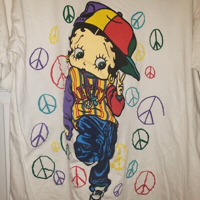 Y2K Hip Hop Betty BooP Peace Sign Women's White T-Shirt One Size