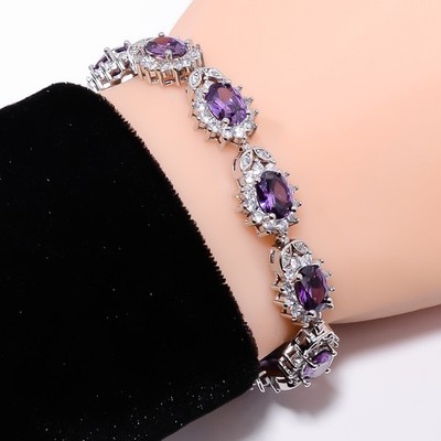 Purple Amethyst, CZ 925 Sterling Silver Adjustable Bracelet 7-8'' B131243