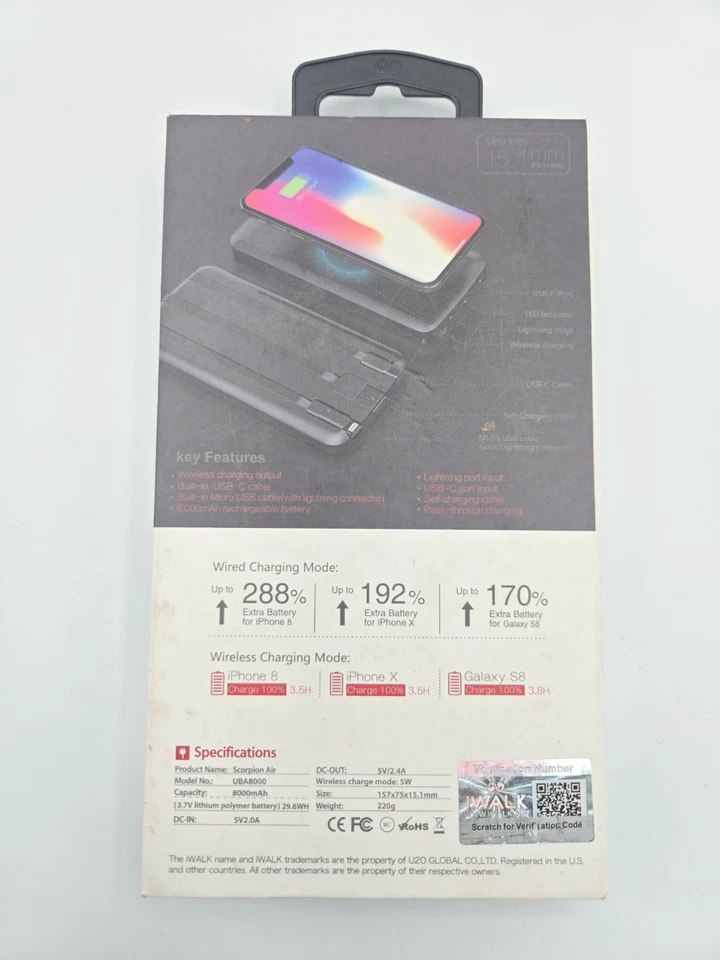 iWalk ScorpionAir Multi Cable Charger w/Wireless Power Bank Portable 8000mAh 10W - Image 2 of 3