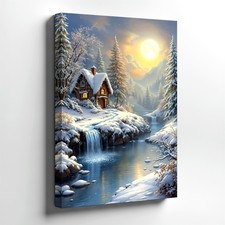 Wall Art Winter Snow Cabin Moonlit River Waterfall Forest Landscape Print Decor
