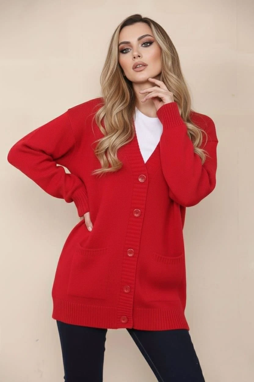 Ladies Plain V-Neck 5 Button Knitted Oversize Cardigan Baggy Style 2 Pockets
