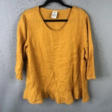 Match Point Shirt Womens Small Yellow Linen Ruffle 3/4 Sleeve Made USA HLT561